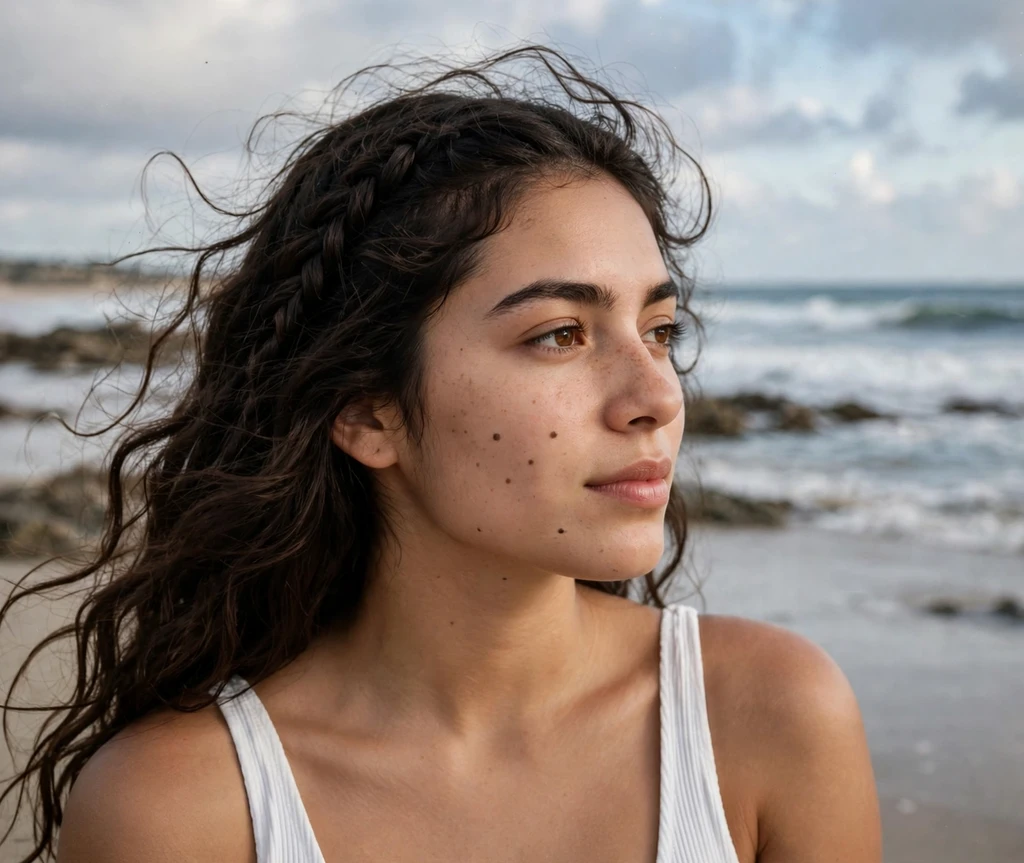 Woman with braided beach waves on the shoreline