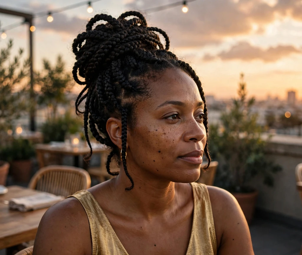 Woman with goddess braids updo at a restaurant