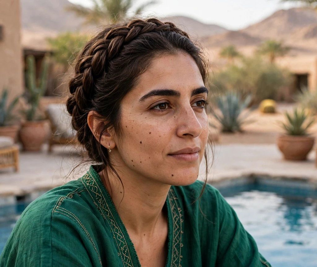 Woman with fishtail milkmaid braids at a resort pool