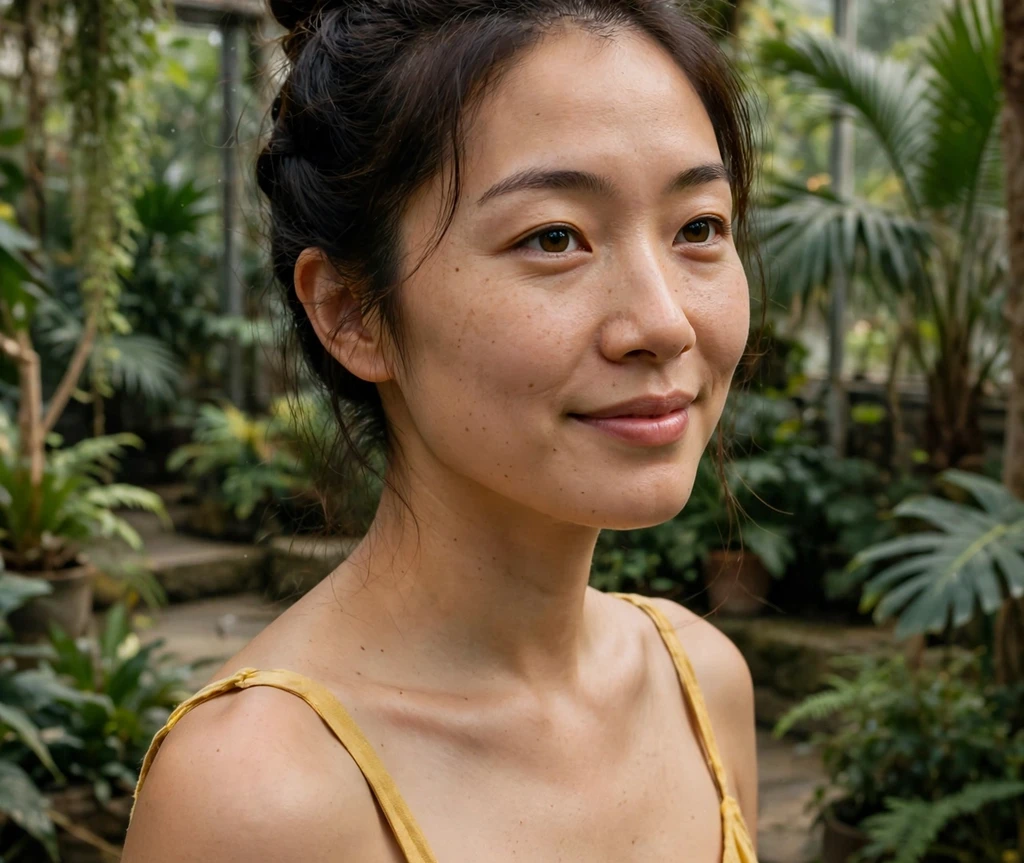 Woman with a braided top bun in a botanical conservatory