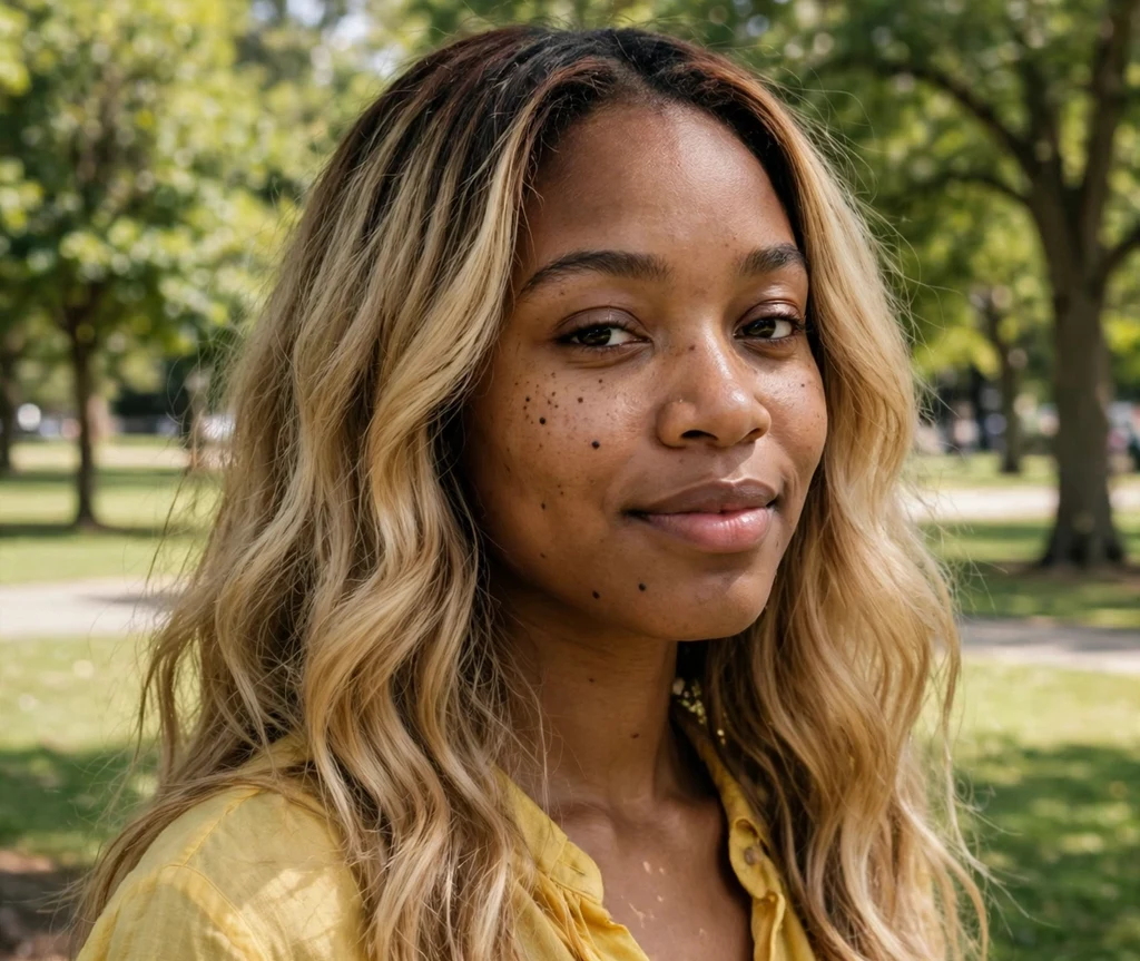 Woman with long honey-dipped bronde waves in a sunny park