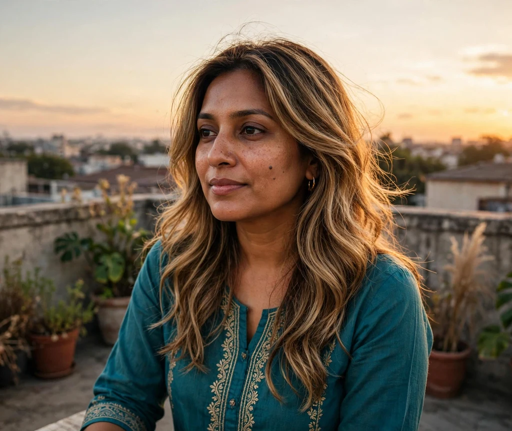 Woman with long golden bronde layered waves on a rooftop terrace
