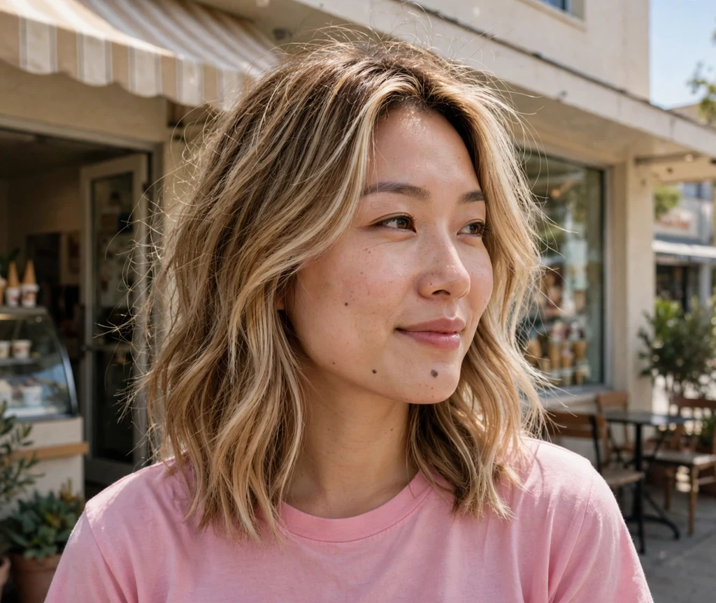 Woman with beachy bronde balayage waves at an ice cream shop
