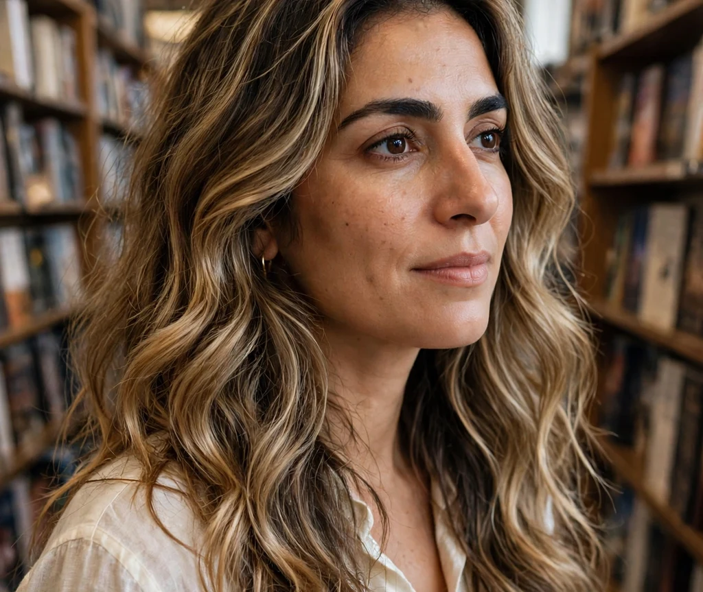 Woman with long caramel ribbon bronde waves in a bookstore