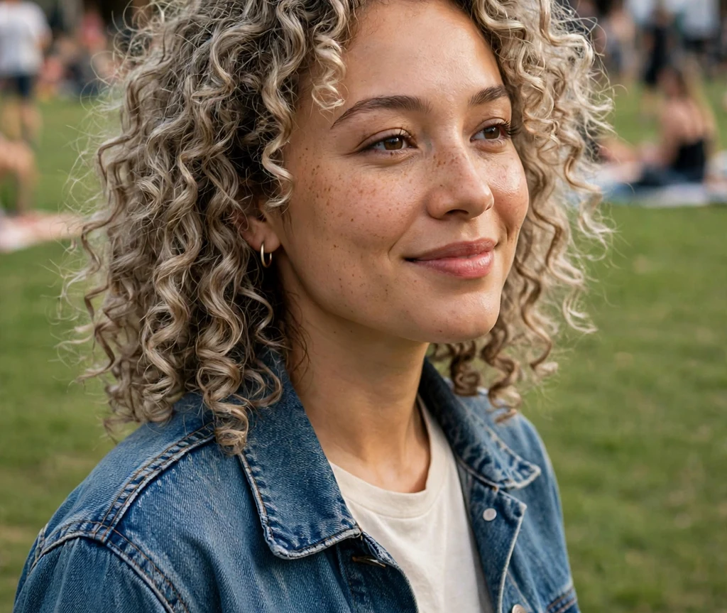 Woman with curly cool mushroom bronde ringlets at a festival