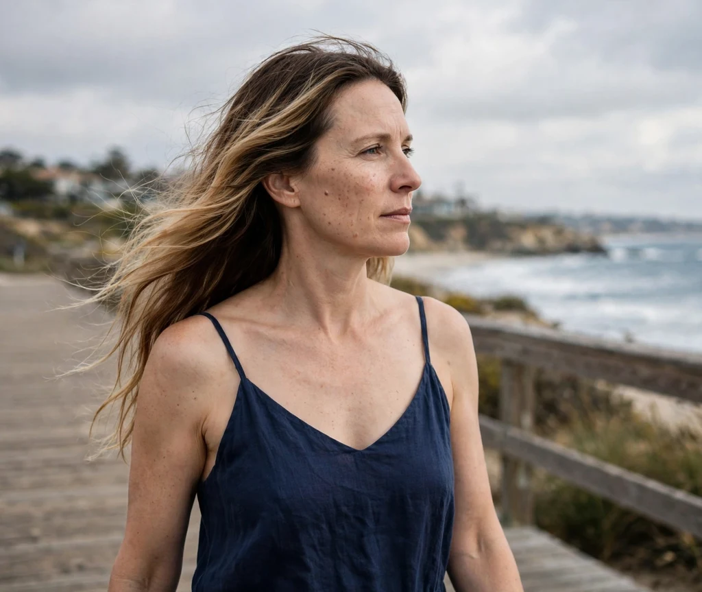 Woman with long toasted coconut bronde hair on a coastal boardwalk
