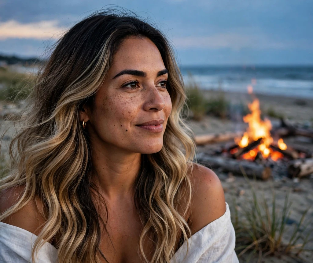 Woman with a rooted bronde melt hairstyle at a beach bonfire