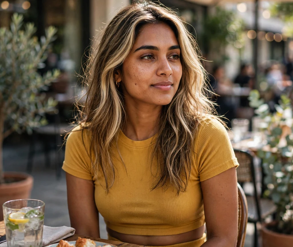 Woman with medium sunlit ash bronde hair with a money piece at a cafe
