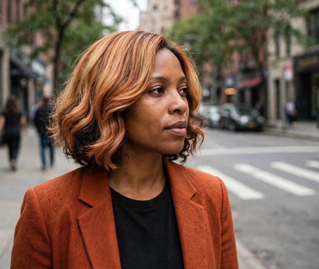 Woman with a buttery bronde bob on a city street