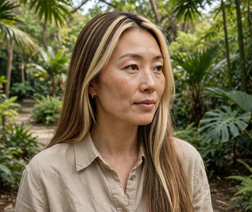 Woman with long bronde hair with a blonde money piece in a botanical garden