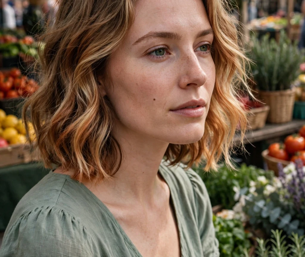 Woman with a copper-kissed bronde lob at a farmers market