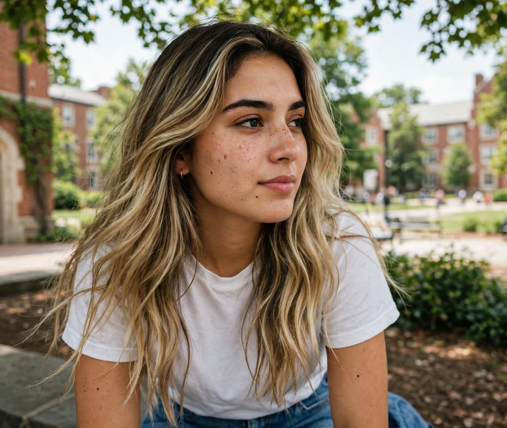 Woman with long lived-in bronde hair on a college campus