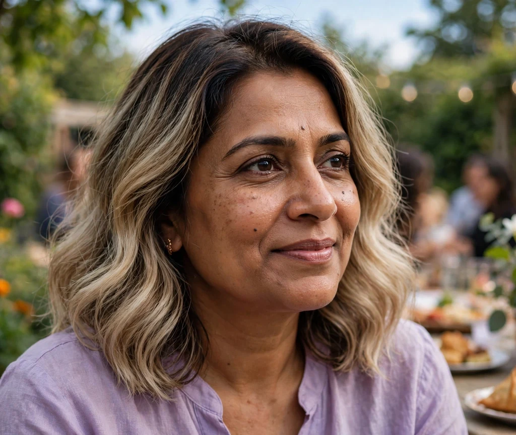 Woman with vanilla bean bronde ombre waves at a garden party