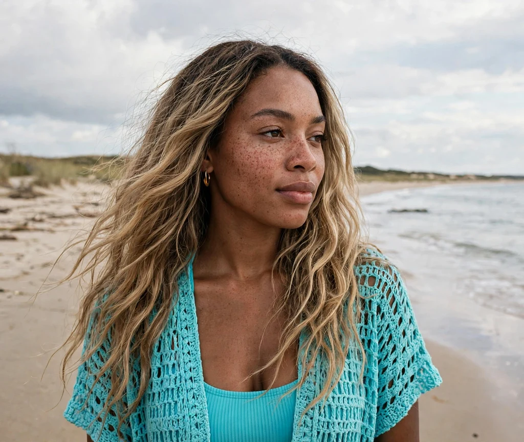 Woman with long sandy vanilla bronde waves on a beach