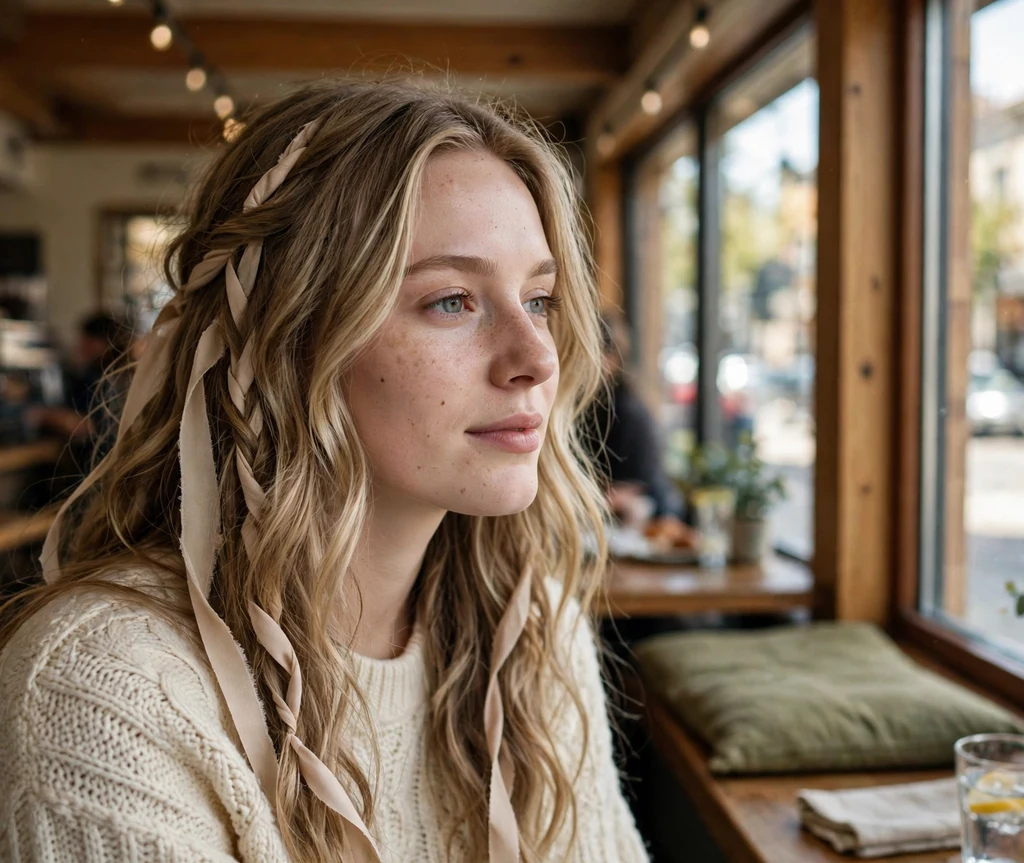 Woman with sandy bronde waves at a coffee shop