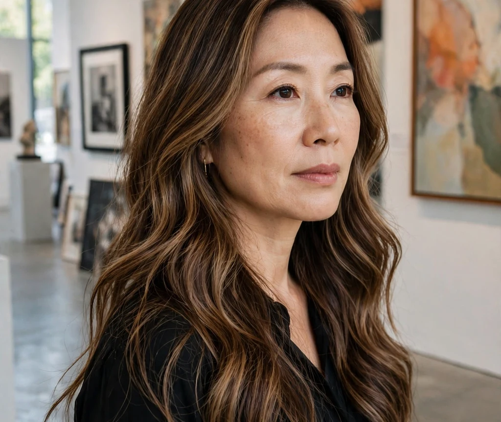 Woman with dimensional chocolate-caramel bronde hair in an art gallery