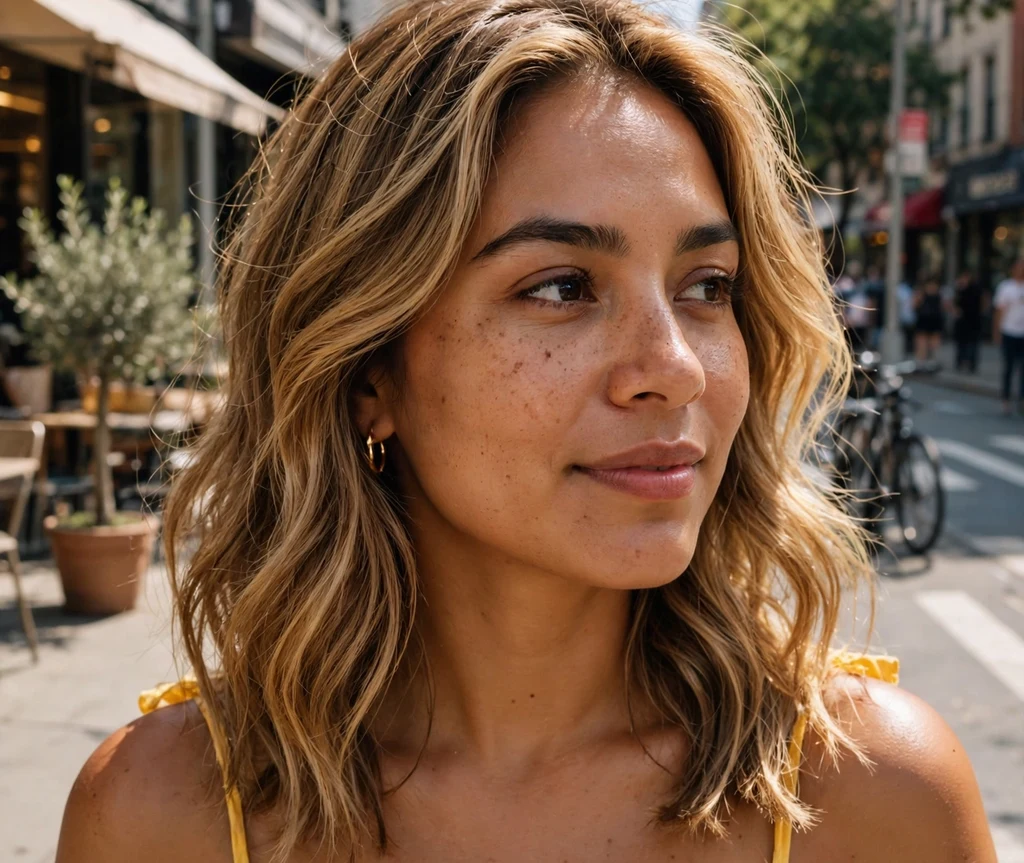 Woman with golden foilayage bronde hair on a sunny street