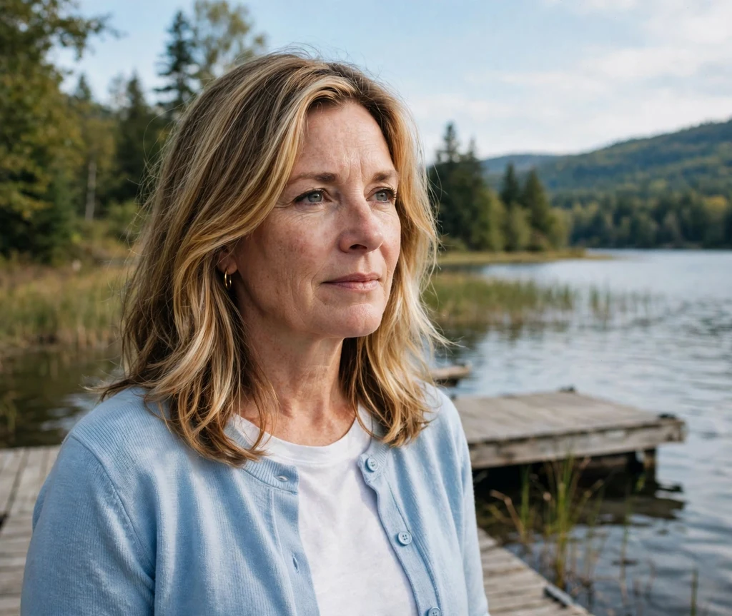 Woman with shoulder-length golden face-framing bronde highlights on a lakeside dock