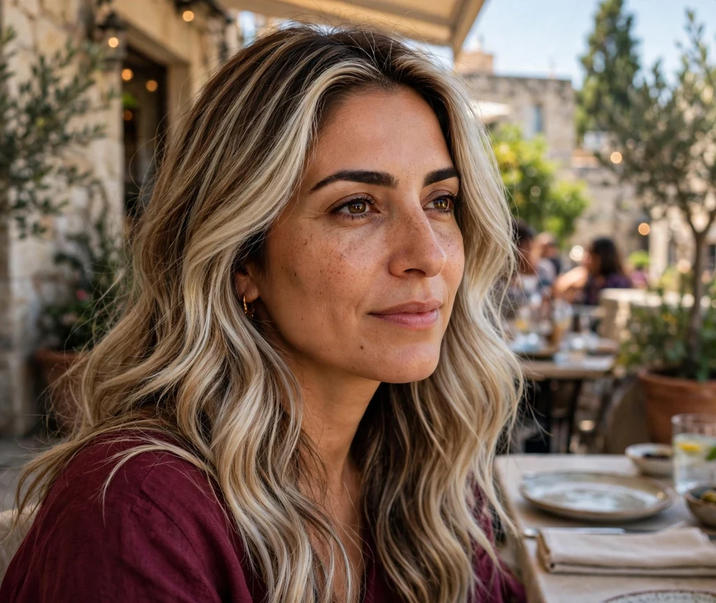 Woman with long icy cool bronde waves on a restaurant terrace
