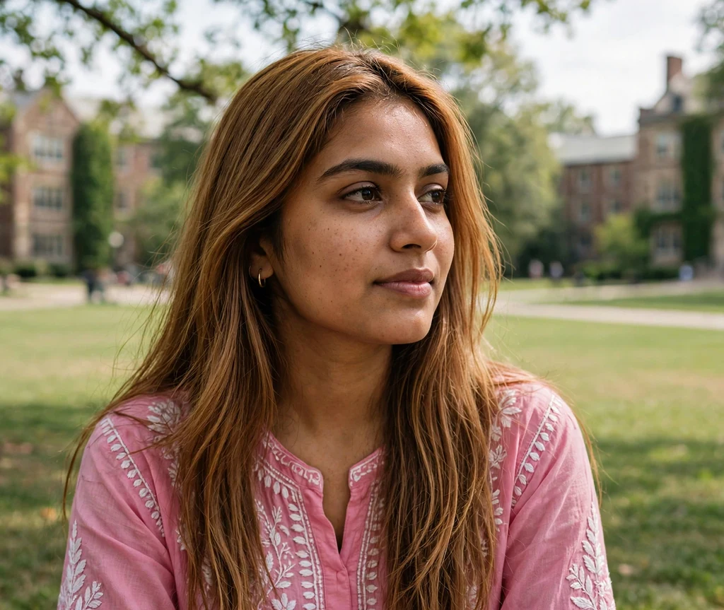 Woman with long warm chestnut bronde hair on a university lawn