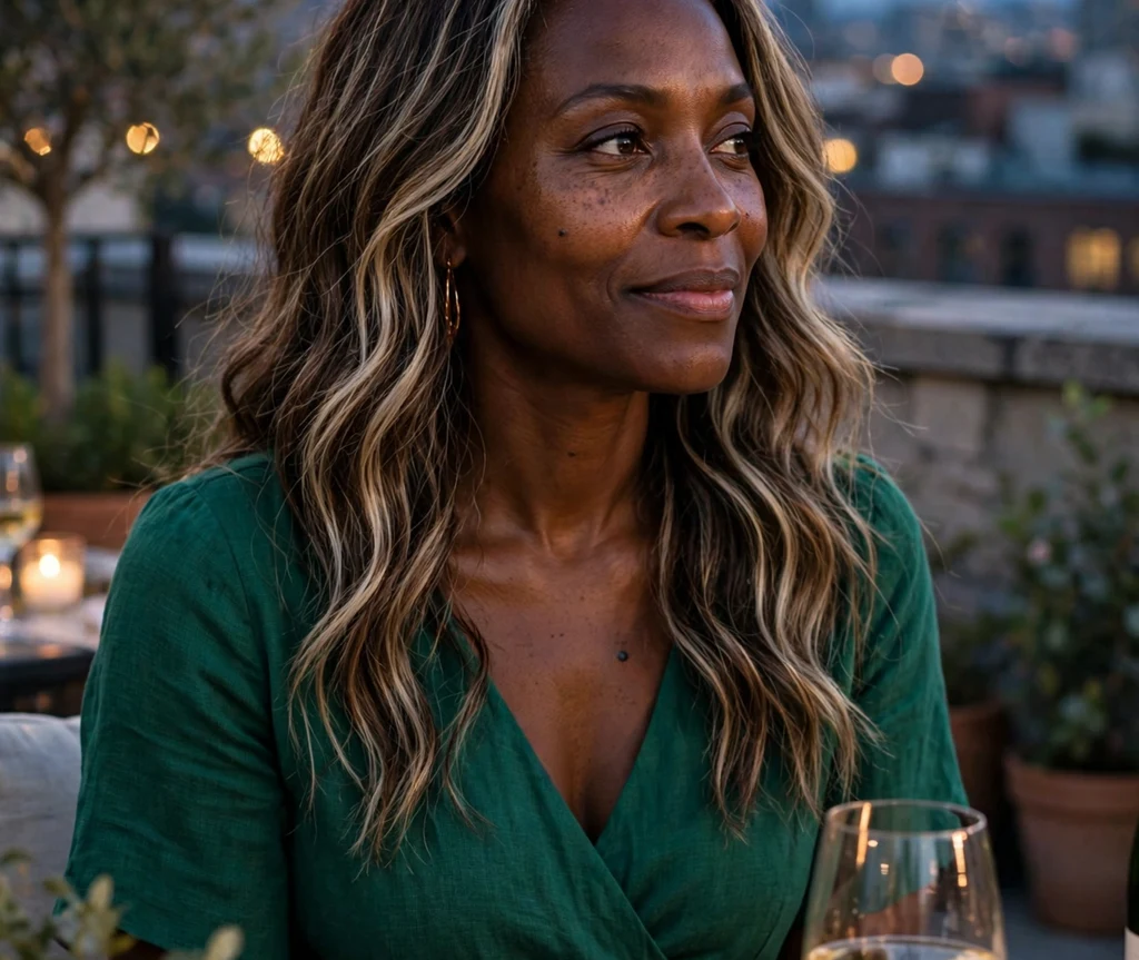 Woman with long bronde waves with babylights at a rooftop dinner