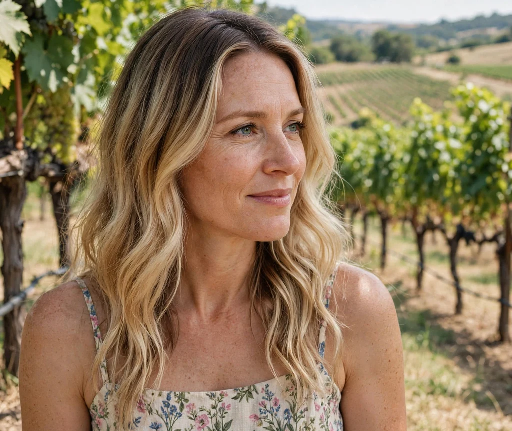 Woman with root-shadow bronde waves in a vineyard
