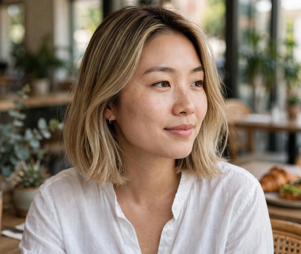 Woman with a bronde sombre bob at a brunch cafe