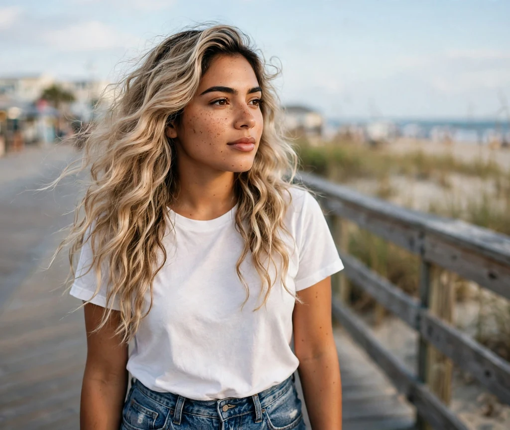 Woman with long champagne bronde waves on a beach boardwalk