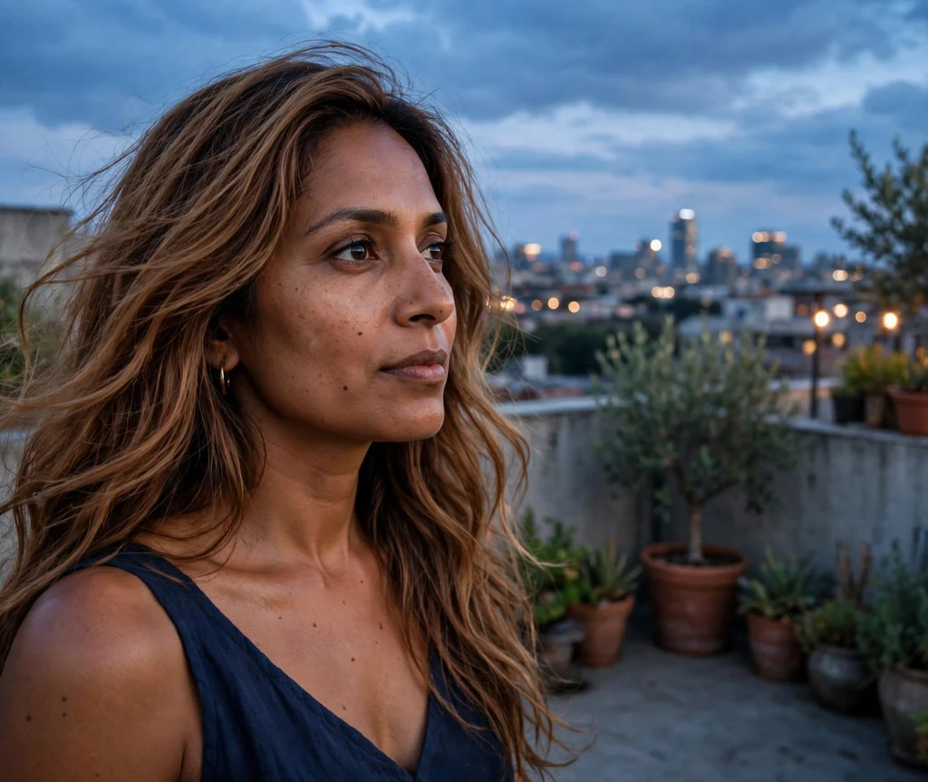 Woman with long toffee bronde waves on an evening rooftop