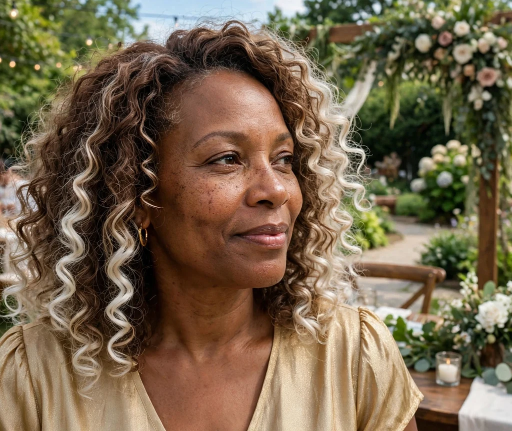 Woman with dark chocolate bronde curls with platinum tips at a wedding