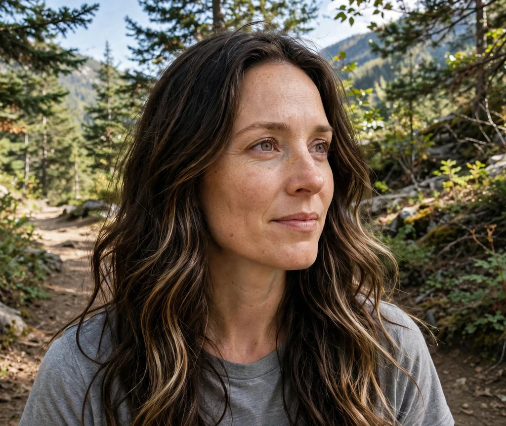 Woman with long dark chocolate bronde waves on a hiking trail