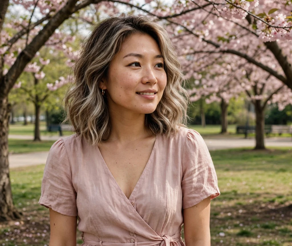 Woman with a light ash bronde lob in a cherry tree park