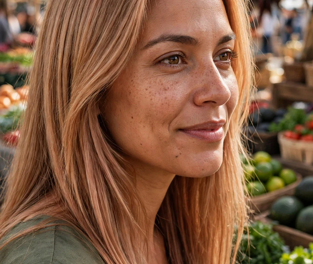 Woman with long strawberry bronde hair at an outdoor market