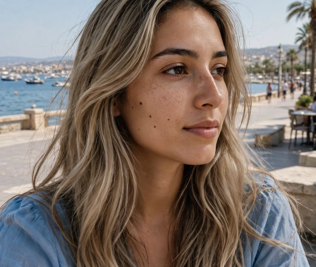 Woman with long beige neutral bronde hair on a seaside promenade