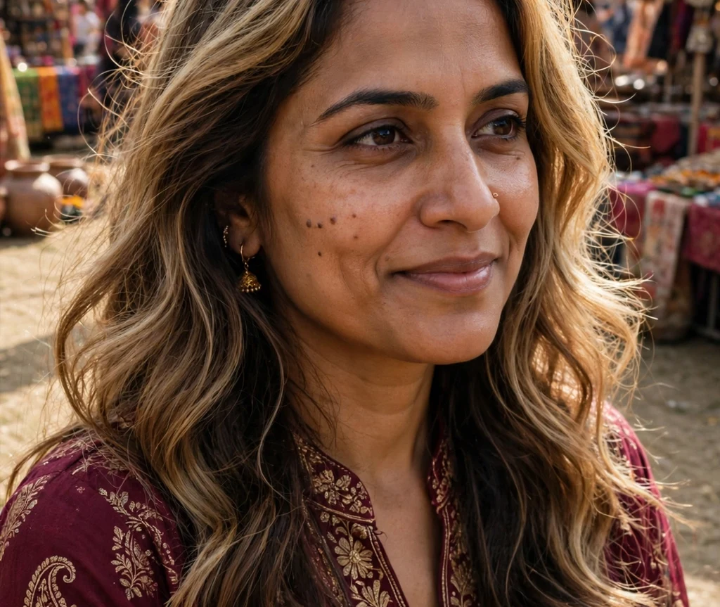 Woman with bronde halo highlights at a festival