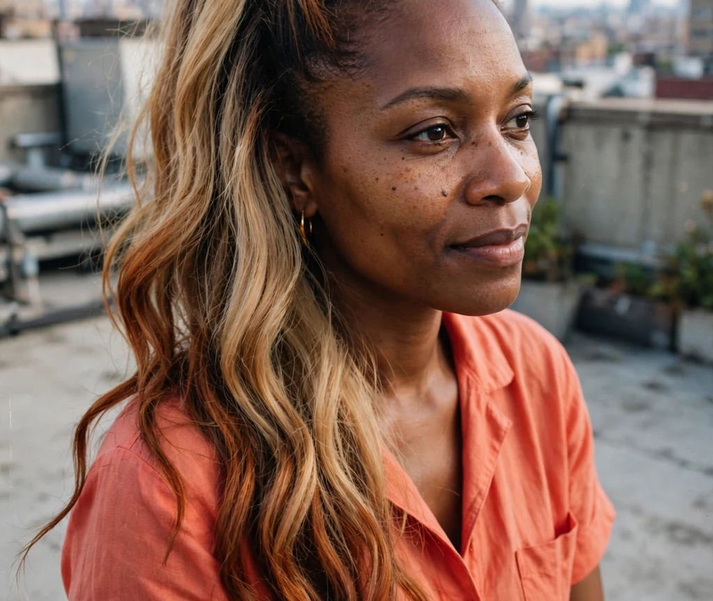Woman with burnt caramel bronde ends in a high ponytail on a rooftop
