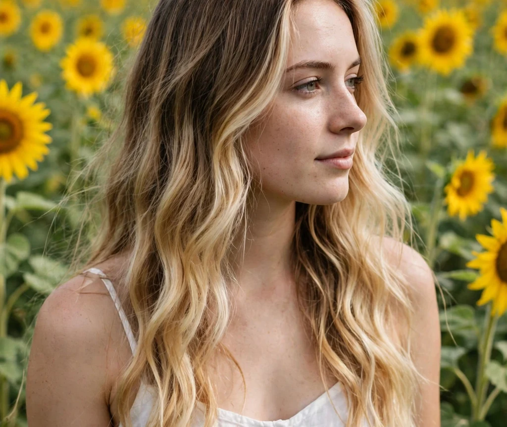 Woman with blonde-ended bronde waves in a sunflower field