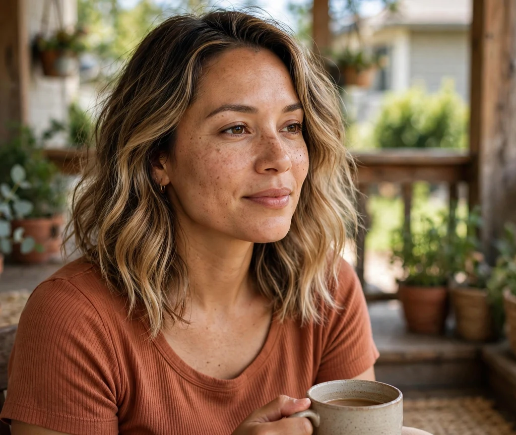Woman with bronde color-melt waves on a porch