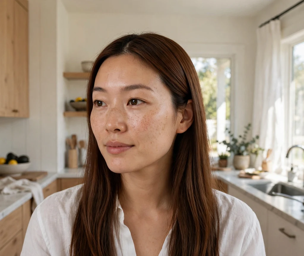 Woman with long straight milk chocolate brown hair in a kitchen