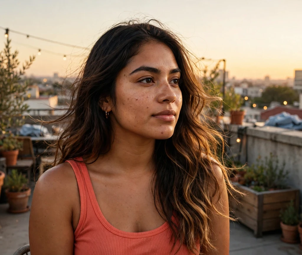 Woman with caramel balayage on long dark hair on a rooftop terrace