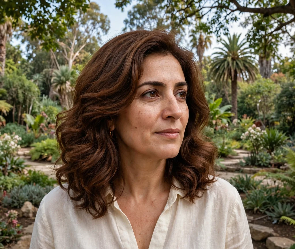 Woman with classic chestnut brown blowout in a botanical garden