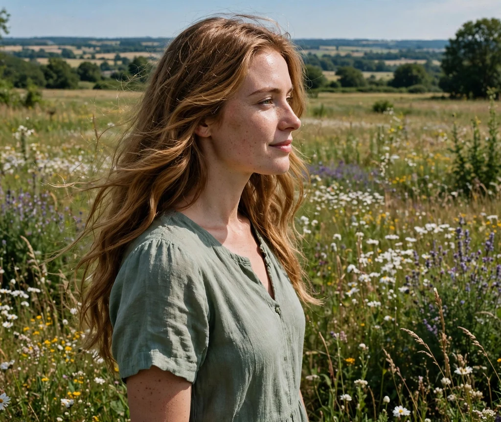 Woman with honey brown sunlit waves in a wildflower meadow