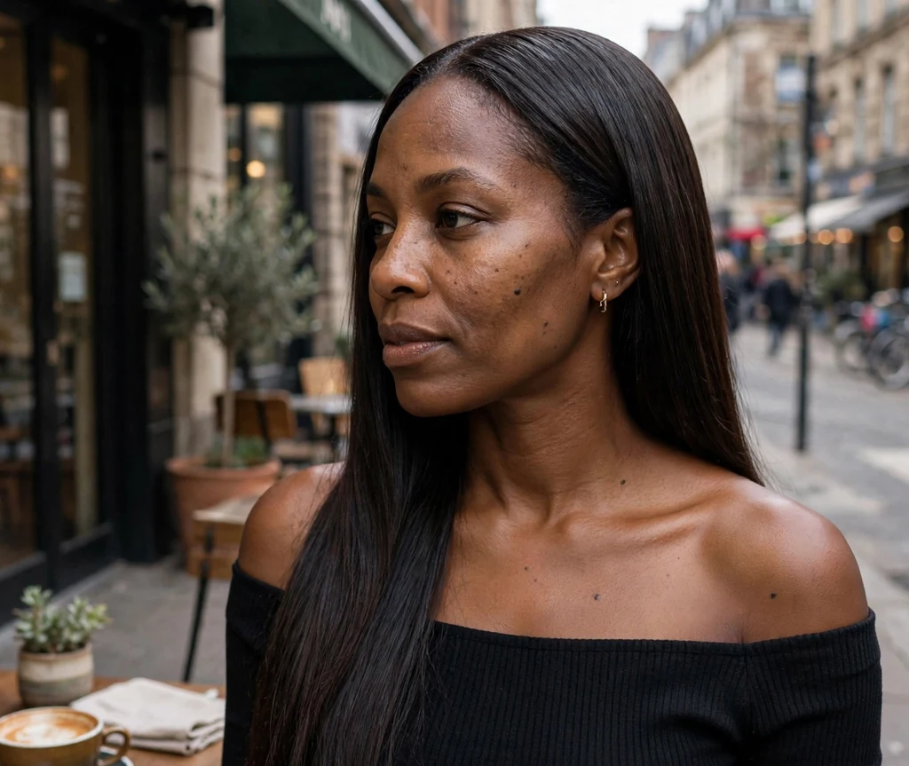 Woman with sleek dark espresso brown hair on a city street