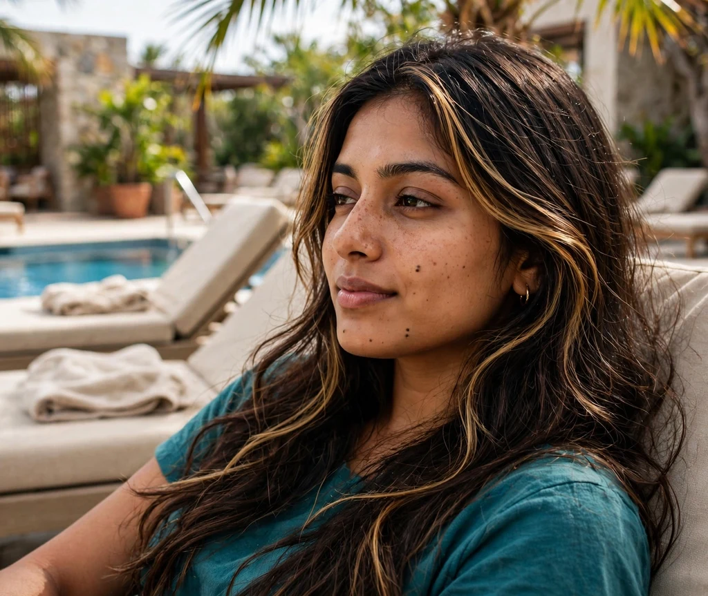 Woman with golden brunette face-framing highlights by a pool