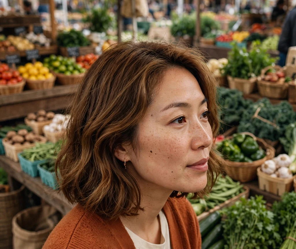 Woman with a warm toffee brown bob at a farmers market