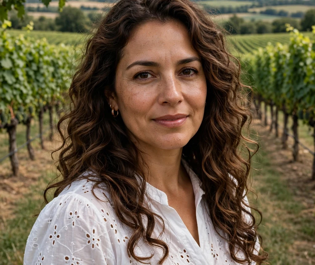 Woman with mocha brown curls in a vineyard