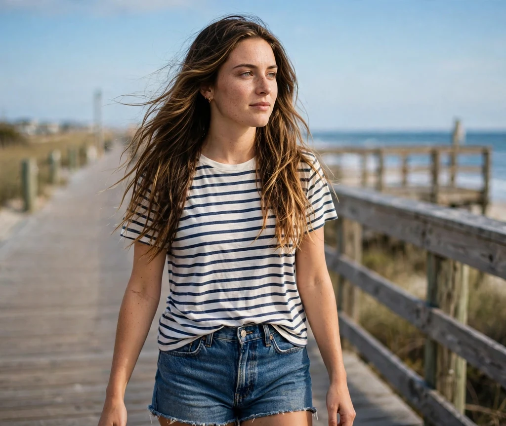 Woman with sun-kissed brunette highlights on a boardwalk