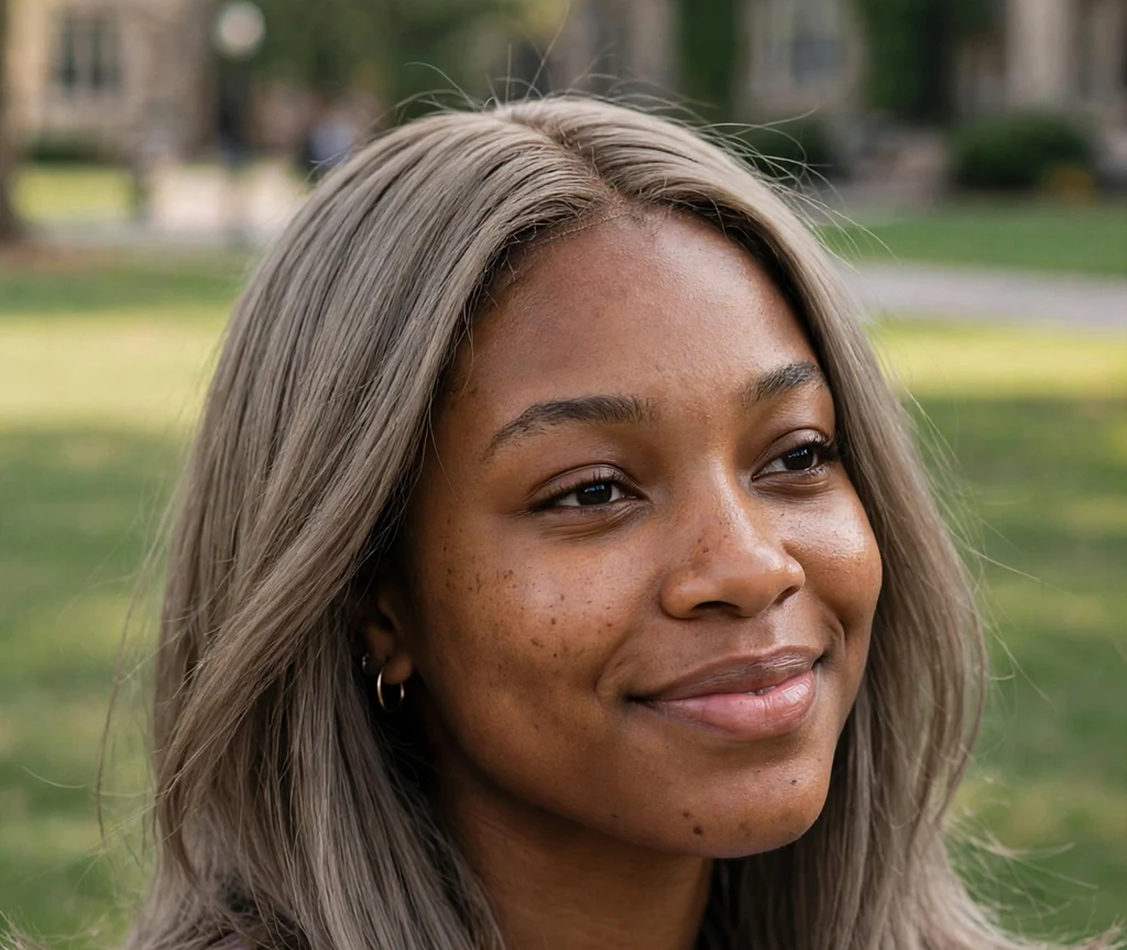 Woman with light ash brown straight hair on a campus lawn