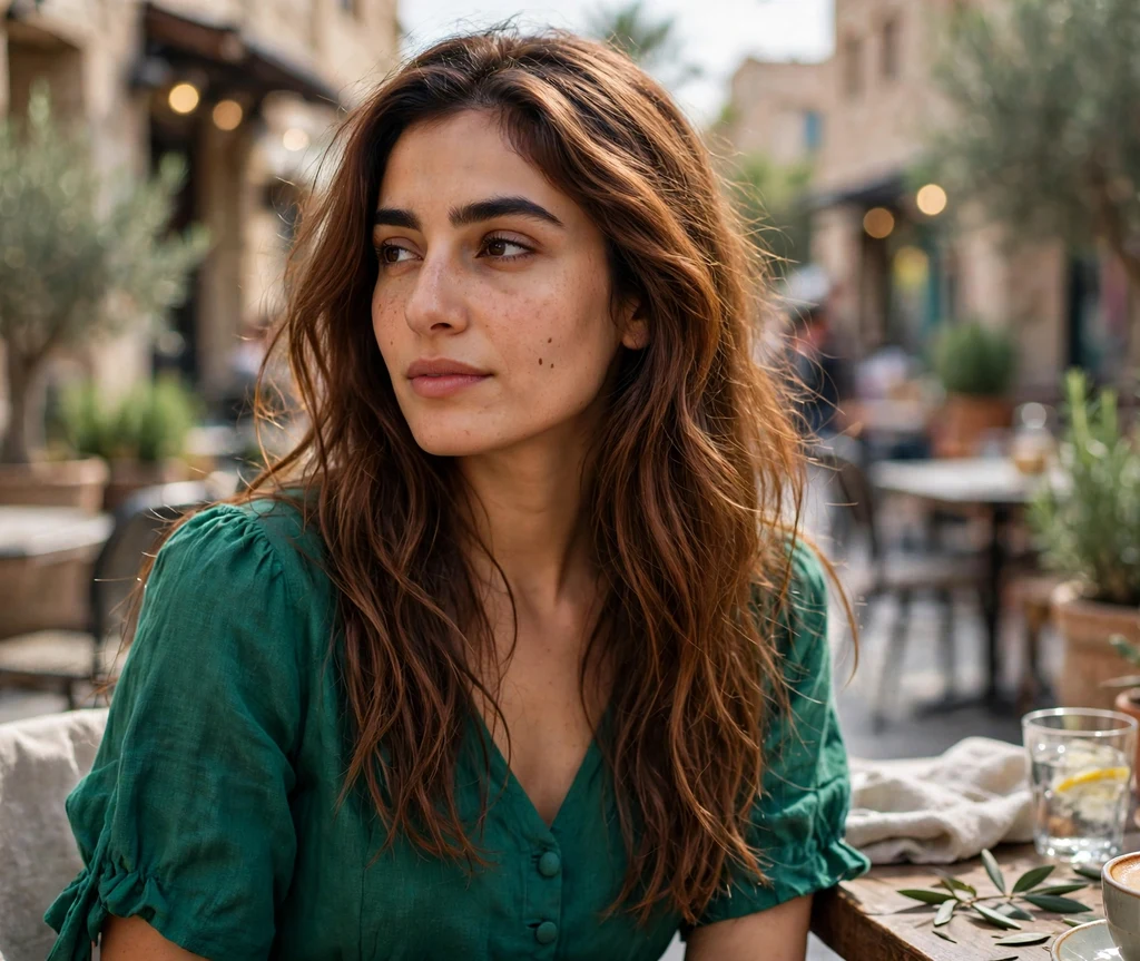 Woman with cinnamon brown waves at an outdoor cafe