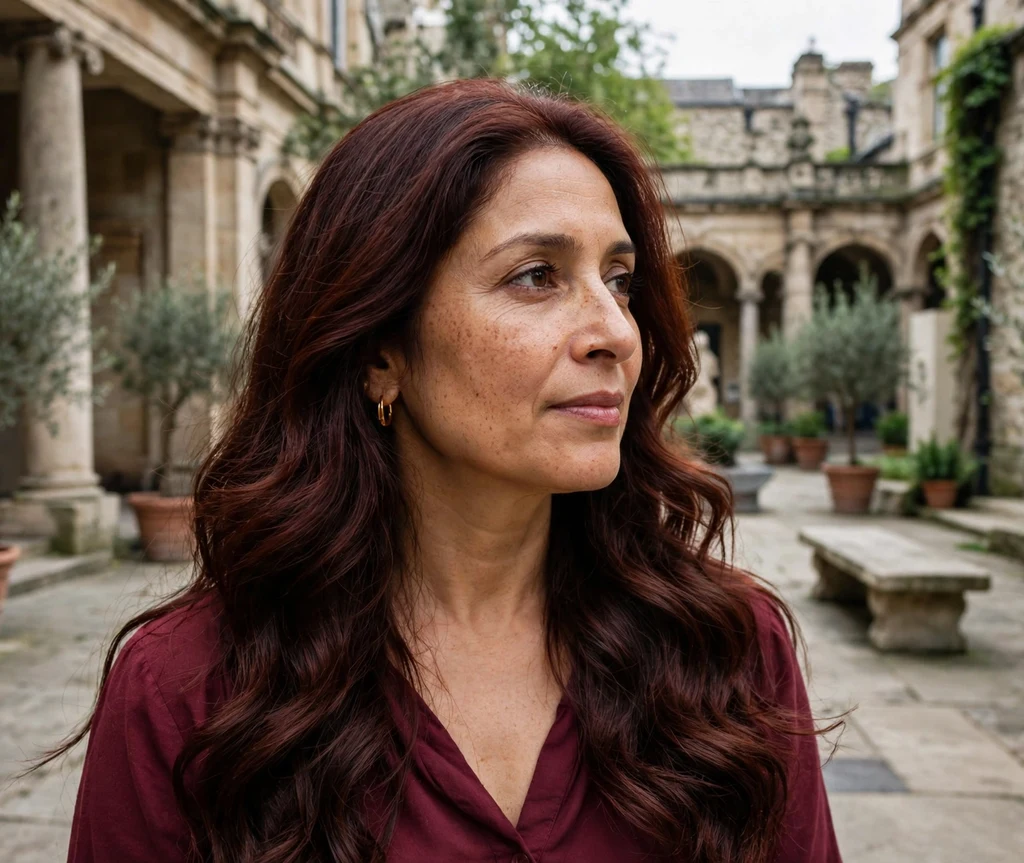 Woman with rich mahogany waves in a museum courtyard
